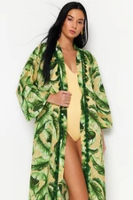 Trendyol tropický vzorovaný midi kimono a kaftan s páskem, 100% bavlna s třásněmi