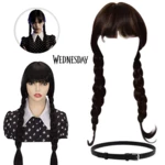 Wednesday Cosplay Wigs Accessories Cosplay Black Long Hair Braid Wigs with Bangs Belt Heat Resistant Synthetic Wig