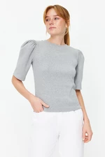 Trendyol Gray Melange Balloon Sleeve Crew Neck Ribbed Stretchy Knitted Blouse