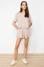 Trendyol Beige Soft Touch T-shirt and Shorts Knitted Two Piece Set