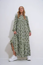 Trend Alaçatı Stili Women's Green Crew Neck Patterned Skirt Flounced Woven Viscose Dress Trend Alaçatı Stili Women's Green Crew Neck Patterned Skirt Flounced Woven Viscose Dress
