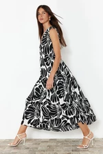 Trendyol Black Printed Double Breasted Covered Stretchy Maxi Knitted Dress with Ruffle Skirt