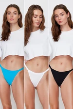 Trendyol Black-White-Blue 3-Pack Cotton Brazilian Knitted Briefs