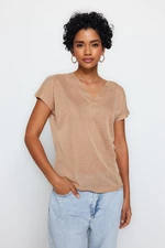 Trendyol Beige V-Neck Linen Look Regular Fit Knitted T-Shirt