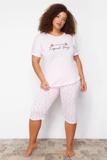 Trendyol Curve Lilac Cherry Patterned Capri Knitted Pajamas Set