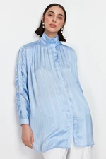 Trendyol Blue Silvery Striped Sleeve Gathered Woven Shirt