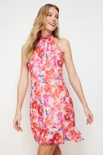 Trendyol Red Floral Print Straight Cut Halter Neck Mini Lined Chiffon Woven Dress