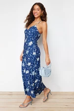Trendyol Navy Blue Floral A-Line/A-Line Form Back Detailed Flexible Knitted Maxi Dress