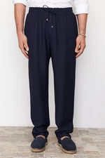 Trendyol Navy Blue Tapered Rubber Waisted Linen Look Flowy Fabric Pants