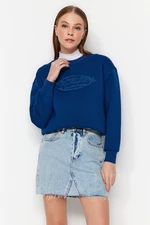 Trendyol Regular Fit With Indigo Embroidery, Crew Neck Fleece Inside Knitted Sweatshirt