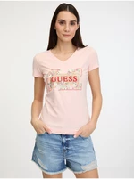 Světle růžové dámské tričko Guess Logo Flowers - Dámské