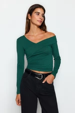 Trendyol Emerald Green Cotton Ruffles Fitted Crop Top
