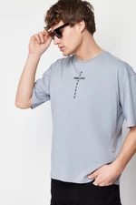 Trendyol Gray Oversize/Wide-Fit Ruffle Text Print 100% Cotton T-shirt