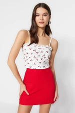 Trendyol White Floral Printed Strap Fitted/Simple Waffle Fabric Super Crop Knitted Blouse