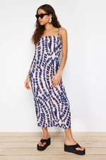 Trendyol Blue Printed Strap Pleated Knitted Maxi Pencil Dress