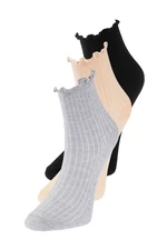 Trendyol 3-Pack Black-Grey-Beige Cotton Elastic Mouth Lettuce Detailed Knitted Socks