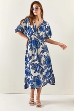 Olalook Women's Saxon Blue Double Breasted Collar Waist Detail Midi Linen Dress