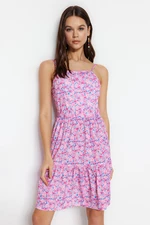 Trendyol Różowa Kwiatowa Sukienka Z Paskiem Otwierającym Talię Mini Tkana Sukienka
