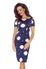 Elegant dress with short sleeves Bergamo - dark blue with flowers