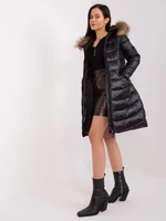 Black quilted winter jacket with fur
