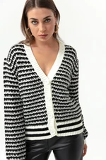 Lafaba Women's Ecru Striped Button Detailed Oversized Knitwear Cardigan