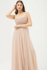 Lafaba Women's Beige Bust Draped Slit Flared Silvery Evening Dress