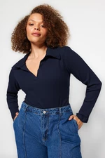 Trendyol Curve Navy Blue Fitted Ribbed Shirt with Snap-on Collar Knitted Bodysuit