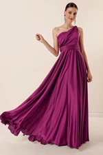 By Saygı One-Shoulder Draped Lined Wide-Shoulder Crepe Satin Long Dress