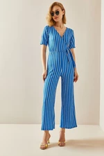 XHAN Turquoise Double Breasted Collar Striped Jumpsuit