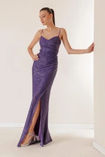 By Saygı Lined Long Puffy Dress with Rope Straps and Draped Front.