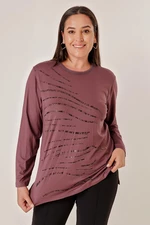 By Saygı Plus Size Blouse With Stone Print And Foils On The Front With Long Sleeves.