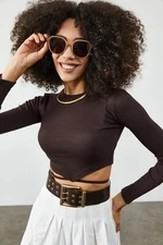 XHAN Women's Brown Piping Detailed Crop Camisole Blouse