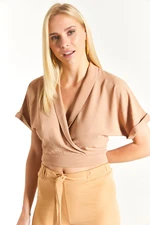 armonika Women's Mink Double-breasted Collar Crop Top with Tie Detailed armonika Women's Mink Double-breasted Collar Crop Top with Tie Detailed