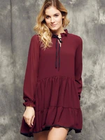 Cocomore Boutiqe dress with stand-up collar and ruffles burgundy