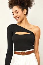XHAN Women's Black Camisole Blouse with Decollete