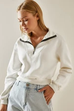 XHAN White Zipper Detailed Crop Sweatshirt