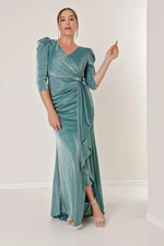 By Saygı Three Quarter-Centural Voluminous Sleeves Lined Long Evening Dress, Plus Size.