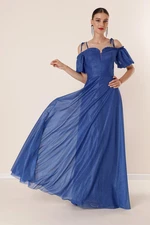 By Saygı Pleated Collar with Balloon Sleeves, Lined Glittery Long Dress Saks By Saygı Pleated Collar with Balloon Sleeves, Lined Glittery Long Dress Saks