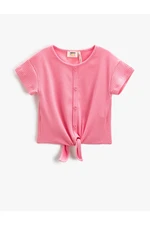 Koton Basic Crop T-Shirt Tie Waist Ribbed Buttons Short Sleeves