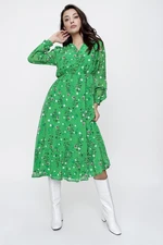 By Saygı Green Chiffon Dress With Half Buttons In The Front, Elastic Waist And Lined Floral Chiffon Dress