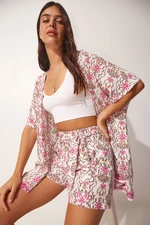 Happiness İstanbul Women's Pink Patterned Viscose Kimono Shorts Set Happiness İstanbul Women's Pink Patterned Viscose Kimono Shorts Set