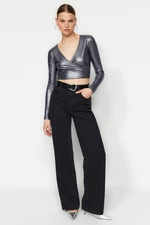 Trendyol Anthracite Faux Leather Double Breasted Collar Crop Blouse