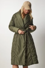 Happiness İstanbul Women's Khaki Belted Shawl Collar Quilted Coat
