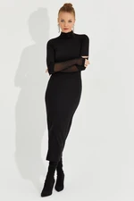 Cool & Sexy Women's New Year Black Tulle Detailed Midi Dress with Gloves