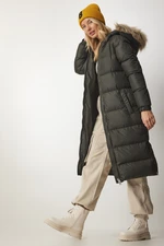 Happiness İstanbul Women's Khaki Hooded Long Puffer Coat