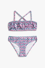 Koton Girl's Light Blue Patterned Two-piece Bikini Set