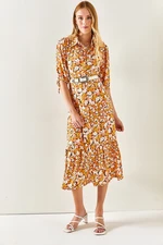 Olalook Women's Yellow White Shirt Collar Buttoned Slit Woven Viscose Dress