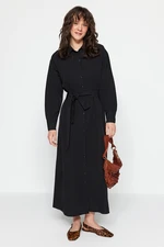 Trendyol Black Belted Knitted Cotton Shirt Dress With Cuffs