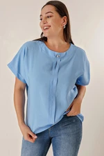 By Saygı Plus Size Chiffon blouse with a brooch collar and a fly down the front. Short Bat Sleeves.