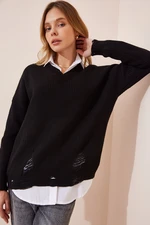 Happiness İstanbul Women's Black V-Neck Ripped Detailed Knitwear Sweater